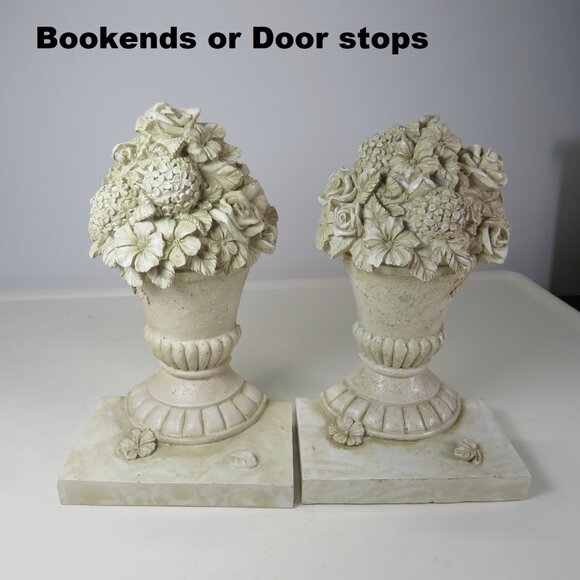 Other - Pair of Vintage Faux Stone Floral Urn Bookends or Door Stops Distressed design